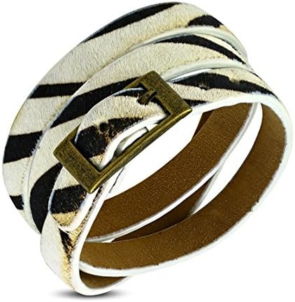 Fashion Zebra Print Flannel &amp; PU Leather Multi Wrap Belt Buckle Bracelet
