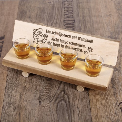 Cera & Toys® Holzbank mit 4 Schnapsgläser + gratis Gravur des Namens – Nicht lange schnacken - 2