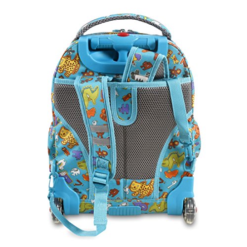 Mochila escolar con ruedas y base reforzada. Ruedas con luces. Incluye lunchera. JWorld modelo Lollipop. Diseño Aniphabets. -