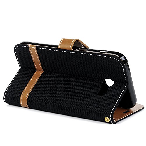 Lanveni A5 2017 Hülle, Handyhülle für Flip Case Cover Denim+PU Lederhülle Schutzhülle Magnetverschluss Ledertasche mit Stander Function Brieftasche Card Slot Handy Tasche mit Bunte Gemalt Design für Samsung Galaxy A5 2017 Hülle (Schwarz) + 1 x Stylus Stift + 1 x Schutzfolie - 7
