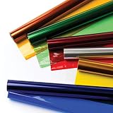 Brillante selección de rollos de película transparente en 6 colores: rojo, amarillo, verde, azul, morado y transparente.
