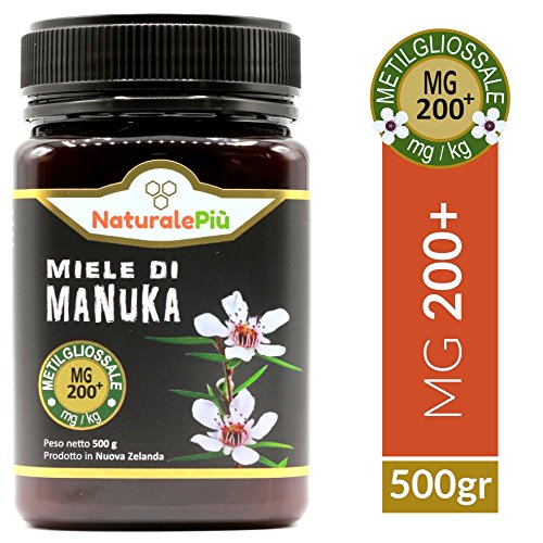 Miel de Manuka 200+ MGO 500g | Producida en Nueva Zelanda, activa y cruda, 100% pura y natural | Metilglioxial probado | NATURALEPIÙ