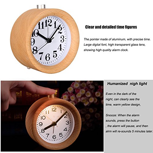 Wecker Holz, Calar Nachtlicht Kinder Stunden Kleiner Wecker Holz Retro Runde Tischuhr Snooze Funktion Lautlos Buchenholz Digital Wecker Alarm Clock - 5