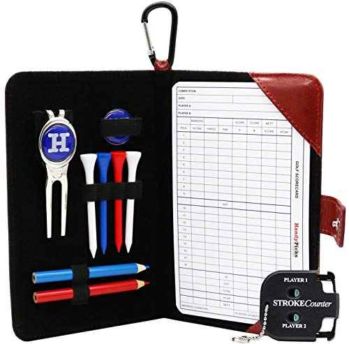 HandyPicks Funda de Cuero para Tarjetas de Puntuación de Golf, Acesorios Incluidos (1 Herramienta de Reparación de Divot, 2 Marcadores de Pelota, 4 Cartas, 2 Lápices, 1 Contador) (Rojo Oscuro)