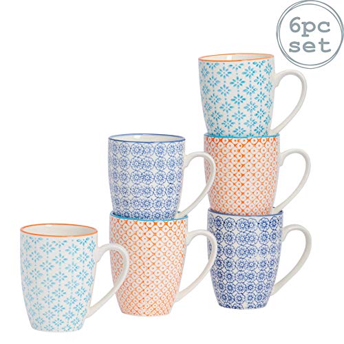 Nicola Spring 6 Piece Hand-Printed Tea and Coffee Mug Set - Japanese Style Porcelain Latte Mugs - 3 Colours - 360ml