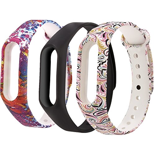 Greatfine Silicona Correa para Xiaomi Mi Band 2 Pulsera, Deportivo Recambio Strap para Mi Band 2 Accesorios (Black/Watercolo/Painting 3pcs)