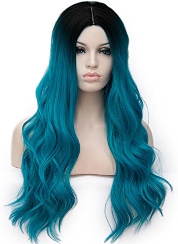 Amback Cosplay Wig for Women Long Curly Wave Dye Dark Roots Wigs Hair+Wig Cap(Lake Blue RF5)