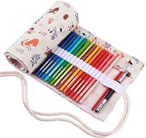 AmoyieRoll Up Pencil Case for 48 Coloured Pencils, Colouring Pens Organiser Bag, Artist Wrap, Canvas Holder, Flamingo