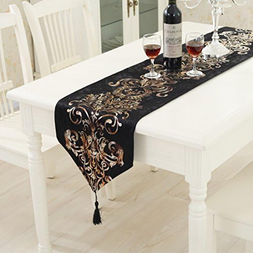 Pretty Decor Gold Floral Table Runner Pyrographic Velvet Table Runner for Wedding,Party,Dining Table,Home Decor (13" Wide x 83" Length, Black)