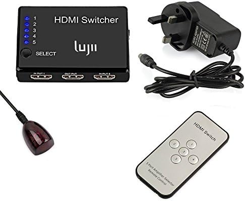 HDMI 1.4 Switcher, LUJII 5 Port HDMI Switch 5 Input 1 Output Splitter Box HDMI Hub with IR Remote Control and Power Adapter for PS3 Xbox 360(slim) Sky Box Freesat Virgin Bluray Player DVD HDTV Camcorder HTPC Laptop Support 3D
