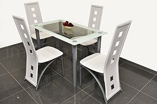 MODERN GLASS DINING TABLE SET BLACK OR WHITE WITH 4/6 FAUX LEATHER CHAIRS NEW (White, Small - Set of 4 Chairs Plus Table)