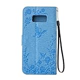 FESELE Glitzer Blume Schutzhülle für [Samsung Galaxy S8 Plus] Schmetterling Kristall Glitzer Diamant Strass Butterfly Brieftasche Hülle Leder Tasche Flip Handyhülle mit Magnetverschluss, Samsung Galaxy S8 Plus Luxus Shiny Glanz Sparkle Glänzend Wallet Case Kartenfach Ledertasche Leder-Mappen-Karten-Slot-Abdeckung mit Standfunktion für Samsung Galaxy S8 Plus + Blau Eingabestift Stylus Touch Pen-Butterfly,Blau - 2