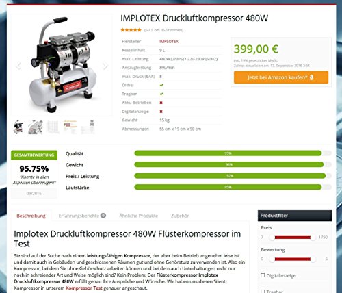 480W Flüster – Kompressor Druckluftkompressor nur 48dB leise ölfrei IMPLOTEX - 7