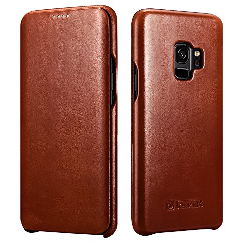 Icarer Custodia Galaxy S9, Flip Folio Premium Vera Pelle Protettiva Case Cover per Samsung Galaxy S9 5,8 Pollici (Marrone)