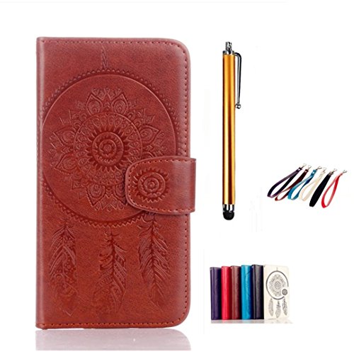 Preisvergleich Produktbild KSHOP Schutzhülle für HTC One M10 Muster Prägung Ledertasche Slim Retro PU Leder Braun Bookstyle Handyhülle Tasche Flip Wallet Case mit Strap Portable Handytasche Anti-Scratch Shell Cash Pouch ID Card Slot Magnetverschluss Etui Soft Silikon - Feder Campanula + Metall Stift Stylus Pen Golden