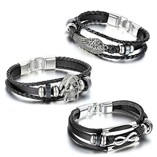 OIDEA 3PCS Herren Damen Armband, Engel Flügel Sensenmann Totenkopf Schädel Lieben Infinity Geflochten Wickel Armreif, Leder Legierung, Schwarz Silber