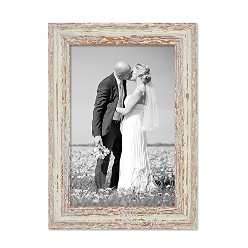 Bilderrahmen 21x30 cm / DIN A4 Weiss Shabby-Chic Vintage Massivholz mit Glasscheibe und Zubehör / Fotorahmen / Nostalgierahmen