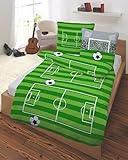 Parure de lit 2 pièces en coton renforcé pour enfant Motif football, terrain de football & buts Vert Gris - Dimensions : 80 x 80 + 135 x 200 cm - 100 % coton
