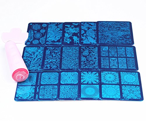 FingerAngel 15Pcs Differernt Design Stamping Nail Art Image Nail Plates +1 Double Side Stamper Scraper Sets Nail Art Stamping Plates Nail Stamp Plate Nail Art Tools