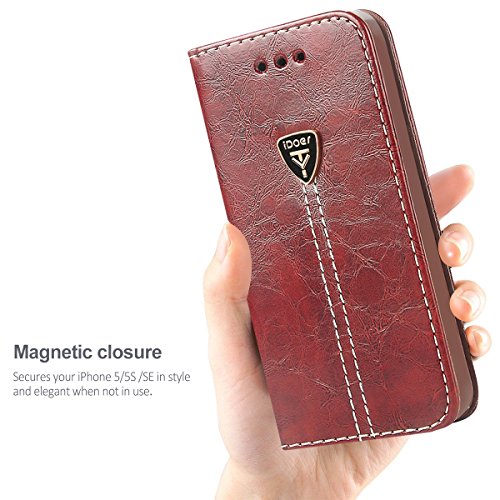 Funda iPhone 5S  iDoer iPhone 5S Funda con tapa libro piel y TPU cartera cover Funda de cuero carcasa bumper protectores estuches soporte flip Case para Apple iPhone 5 5S SE marr  n