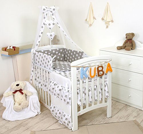 PRO COSMO 11 Piezas juego de ropa de cama para cuna de bebé cama edredón, dosel + soporte (120x60cm, 19 Estrellas grises)