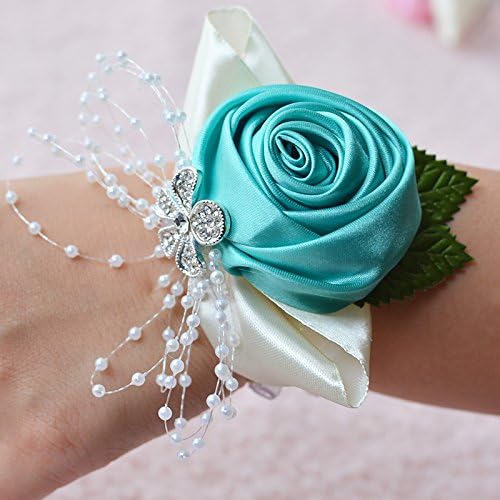 Amulti Prom Wrist Corsage,Flower Girl Bridesmaid Wedding Wrist Corsage Graduation Party,Prom Hand Flower Decor (Tiffany Blue)