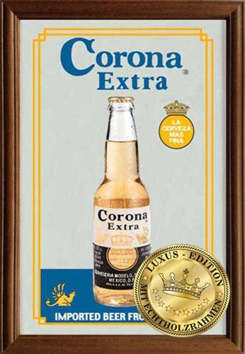 Empireposter - Bier - Corona - Größe (cm), ca. 22x32x1,2 - Holzrahmenspiegel Deluxe Spiegel Edition! Echter Holzrahmen! Durch die spiegelnde Oberfläche ein echter Blickfang. - Holzrahmen Spiegel mit hochwertiger Vintage Optik. Die Spiegel haben einen Rahmen aus Echtholz und kommen in einer gestalteten Kartonverpackung.