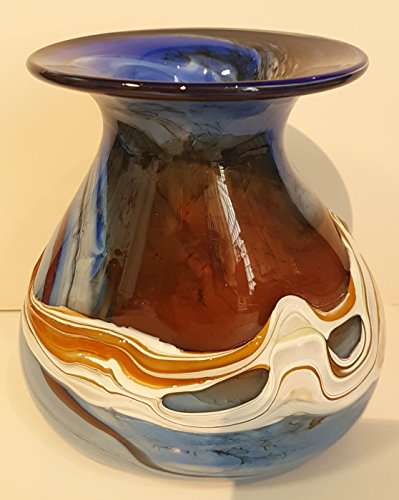 Vase ovale Form, bauchige farbige moderne Glasvase bunte dekorative Blumenvase mit Dekor aus farbigem Glas, mehrfarbig blau-beige marmoriert Tischdekoration mundgeblasen Höhe ca. 19-21 cm Oberstdorfer Glashütte - 7