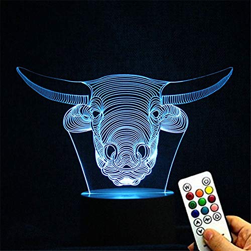 Deerbird® Taureau Tête Forme 3D Optique Illusion LED 7 changement de couleur USB toucher Veilleuse Table Lampe de bureau avec Base blanche et Keys Remote Manette
