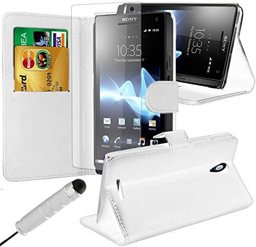 iJQ - White Premium PU Leather Flip Case Wallet Cover For Sony Xperia Z3 Compact Mini With Card Slots And Built in Stand Plus Screen Protector And Screen Stylus Pen