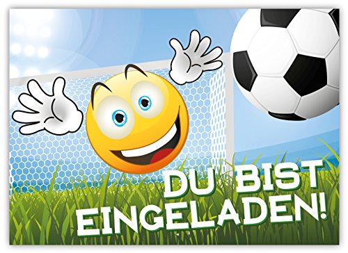 12 Lustige Einladungskarten im Set für Kindergeburtstag Emoji Smiley Fussball Party für Jungen Mädchen Kinder Partyspiele Karten Tor Kicken Stadion witzig - 2