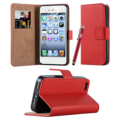 iPhone 5 / 5S / SE - New Flip Wallet Book [Stand View] Premium Leather Case Cover For Apple iPhone 5 / 5S /SE+ Screen Protector With Microfibre Polishing Cloth By Panaaz (Red)