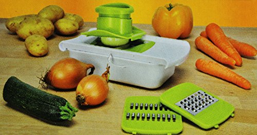 COM-FOUR® Gemüsereibe mit 3 verschiedenen Aufsätzen – Julienne, Raspel, Scheiben (Weiß/Grün) - 3