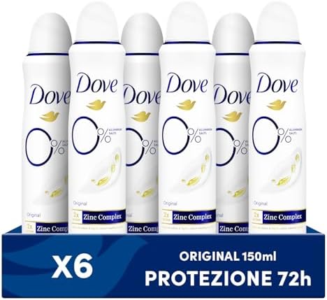 Dove Deodorante Spray 0% Original, Senza Alcol e Sali di Alluminio, con Formula Idratante e Delicata, Pelle Asciutta Fino a 48 Ore, Deodorante Uomo e Donna, 6 Pezzi da 150ml