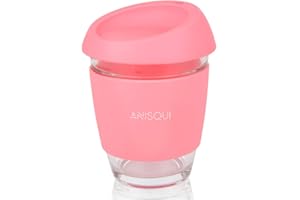 AniSqui Szklany kubek podróżny, 350 ml, przenośny kubek do kawy z pokrywką (różowy)