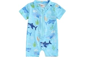 LYZOURBB Toddler Baby Boy One-Piece Swimsuit Toddler Boy Short Sleeve Zipper Rash Guard Set Dinosaurs Sharks Swimming Outfits Bathing Suit for 0-3Years