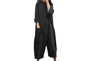 DIAND Linen Jumpsuits for Women UK Long Sleeve Elegant Baggy Jumpsuit Sale Loose Button Down Rompers Wide Leg Overalls Harem Pants Solid Ladies Dungarees Plus Size Women Jumpsuits & Playsuits with Pockets