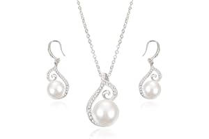 SwirlColor Bridal Jewellery Sets Affordable Artificial Pearl Necklace and Earrings Set Inlaid Rhinestone Silver Earrings for Women Girls Brides, Mum Birthday