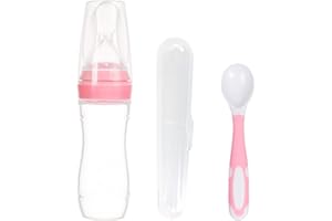 FANSEZQ Babybesteck, Babylöffel, Baby Feeding Spoon, Cutlery Spoon with Serrated Edge, 120ml Bottle Squeeze Feeder, Baby Fresh Food Feeder Bottle, Geeignet für Babyfruchtpüree, Kartoffelbreifütterung (Rosa)