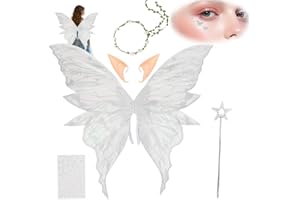 XEERUN Fairy Wings for Girls Women, Butterfly Wings for Adults, Butterfly Elf Dress up Set, Fairy Wand Crown Ears for Halloween Costume, Bride Flower Boy Accessories, Dress Up Cosplay Party (Silver)