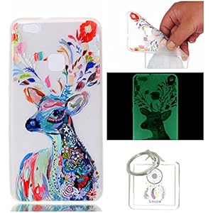 Hülle Leuchtende Huawei P10 Lite 5.2 Zoll Silikon Etui Handy Hülle Weiche Transparente Luminous TPU Back Case Tasche Schale Leuchten In Der Nacht Für Huawei P10 Lite 5.2 Zoll + Schlüsselanhänger (P)