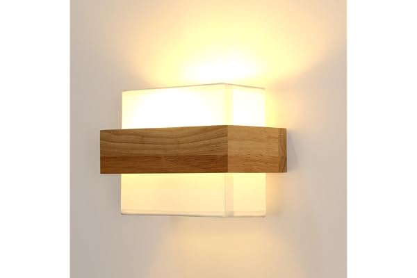 Comely Applique Murale Intérieure Bois, Lampe Murale Abat-jour en Tissu E27, Luminaire Mural Intérieure pour Chambre Couloir Escalier Salon, Carrée (Ampoule Non Incluse)