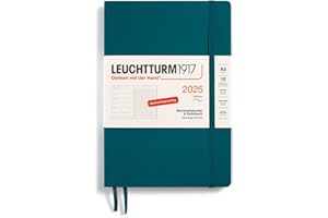 LEUCHTTURM1917 370515 Agenda semanal y cuaderno 2025, tamaño mediano A5, tapa blanda, planificador de 12 meses, 80 g, a rayas, verde Pacífico