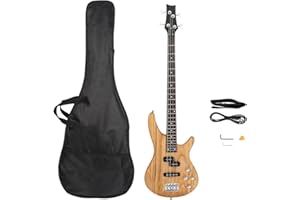 Bonnlo Electric Bass Guitar 4-String for Beginner Right Hand with Shoulder Strap, Wrench Tool, Power Line and Bag (Natural Wood)
