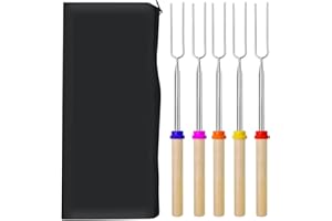 YUANJIASHUN YAO Barbecue Forks- 5 Pack Marshmallow Roasting Sticks Extendable Stainless Steel 32 Inch U Shape Hot Dog Fork with Wooden Handle Grilling Skewers for Fire Pit and BBQ Campfire Party (with Canvas Pouch)