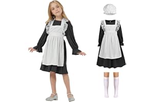 Aomig Victorian Maid Costume for Girls, Victorian Village Medieval Dress with Mop Cap & White Socks, Kids Victorian Poor Girl Outfit Fancy Dress Costumes for Halloween Cosplay, World Book Day