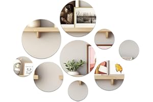 ADERTOS Lot de 9 miroirs adhésifs ronds en acrylique 10/14,8/18/19,5 cm miroir décoratif mural pour salon, salle à manger, chambre à coucher, couloir