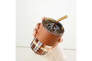 SKDBPM Reusable Glass Coffee Sipper Mugs with Lid & Straw Pack of 1, 400ml Multipurpose Drinking Glasses Tumbler with Leather Sleeve Cup for Juice Smoothies Iced Tea Home & Travel