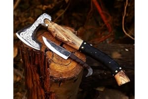 CraftTal Wikinger-Axt-handgefertigtes 2 in 1 Axt und Rabenkopf-Messer. 48cm Griff aus Eschenholz. 1095 Kohlenstoffstahl scharfe Klinge mit Lederscheide (Wikinger AXT SCHWARZ)