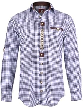 Herren OS-Trachten Trachtenhemd Krempelarm blau weiß kariert, Blau,